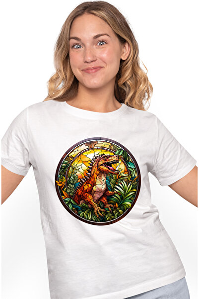 StoryGift Romania Tricou Femei Cu Un Dinozaur Furios, Ilustratie, In Stil Mozaic, Sticla, Verdeata Wht_m