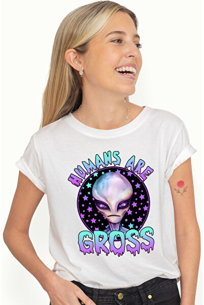 StoryGift Romania Tricou Femei Cu Un Extraterestru, Ilustratie, Oamenii Sunt Groaznici, Cerc, Mesa Wht_m