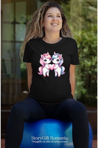 StoryGift Romania Tricou Femei Cu Un Unicorn Care Danseaza, Ilustratie, Rochie De Balet, Vesel, Fl Blk_l
