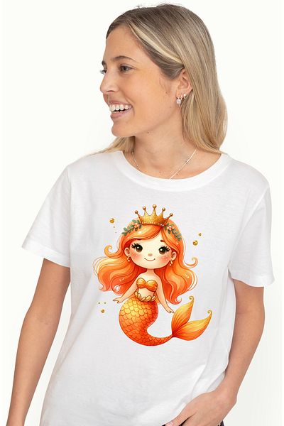 StoryGift Romania Women's T-shirt with a mermaid with an orange tail, illustration, orange hair, yellow WHT_L,STG58838