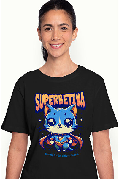 StoryGift Romania Tricou Femei Super Betiva, Supererou, Pisica Zburand, Cu Im...
