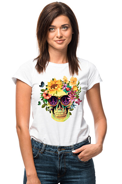 StoryGift Romania Tricou Femei Cu Un Craniu Inconjurat De Flori, Ilustratie, ...