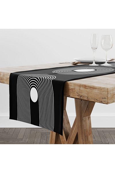 Hayal Dekoratif Black Background Modern Line Patterned Black and White Colored 45X100'Cm Decoration Runner Table Cloth