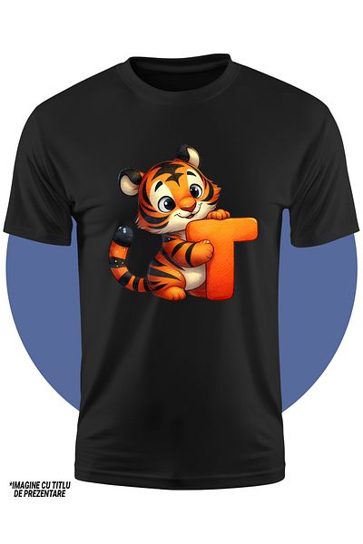 StoryGift Romania Children's T-shirt with a tiger with the letter "T", illustration, for children, school, student, alphabet,