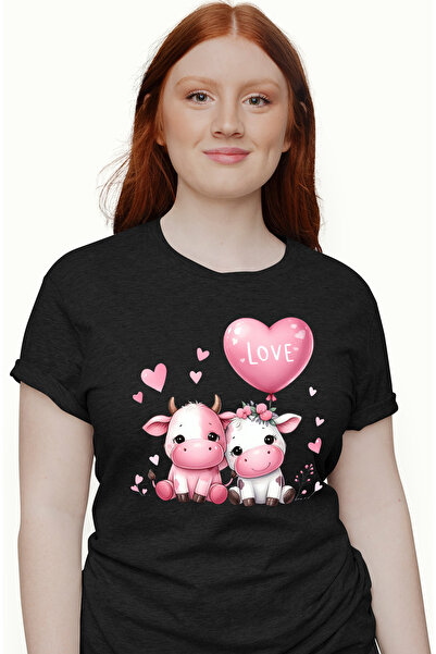 StoryGift Romania Tricou Femei Cu O Vacuta Si Un Taur, Ilustratie, Inimioare,...