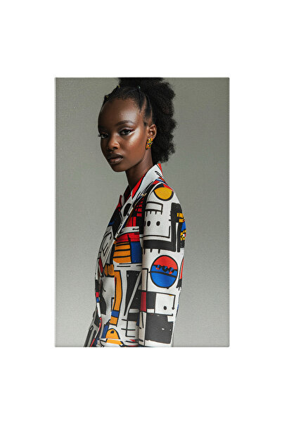 StoryGift Romania Tablou Canvas: Femeie Mulatra Cu Par Lung Cret Si Buze Mari Cu Cercei Galbeni In Sacou Pictura