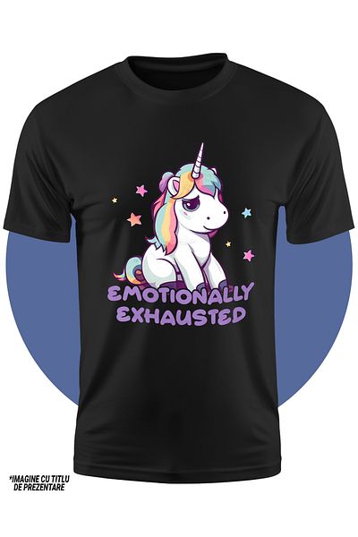 StoryGift Romania Tricou Copii Cu Un Unicorn Trist, Ilustratie, Mesajul "emotionally Exhausted", Ilustratie,