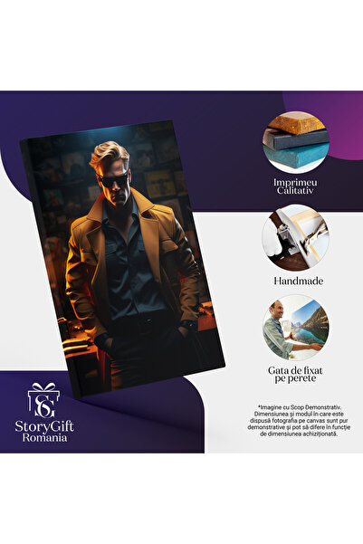 StoryGift Romania Tablou Canvas: Detectivul Blond Cu Ochelari Negrii In Camasa Albastra Cu Pantaloni, In Palaton