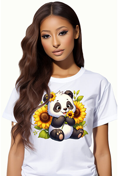 StoryGift Romania Tricou Femei cu un urs Panda, ilustratie, flori de floarea-soarelui, vesel, bucu WHT_M