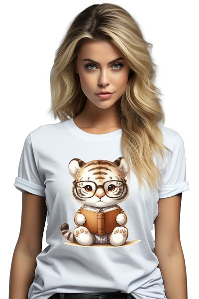 StoryGift Romania Women's T-shirt with a little tiger holding a book, illustration, glasses, lesson WHT_M