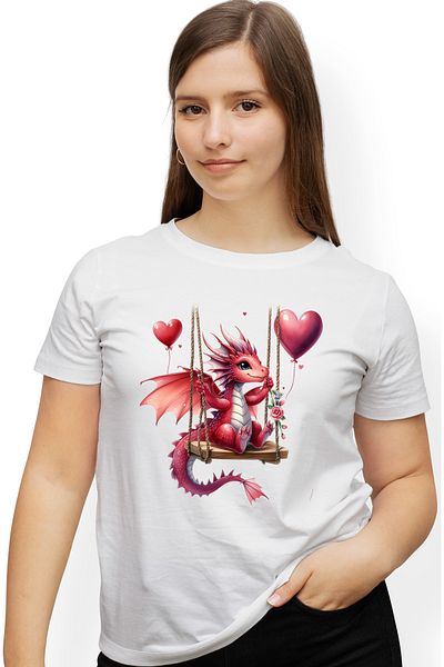 StoryGift Romania Tricou Femei cu un mic dragon care se da in leagan, ilustratie, baloane, inimioa WHT_S