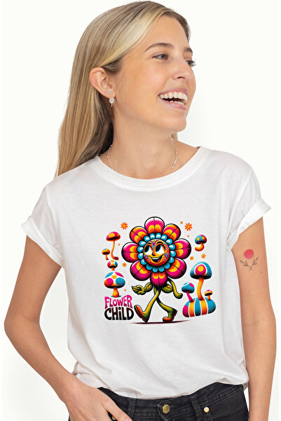 StoryGift Romania Tricou Femei cu o floare vesela cu mesajul "Flower child", ...