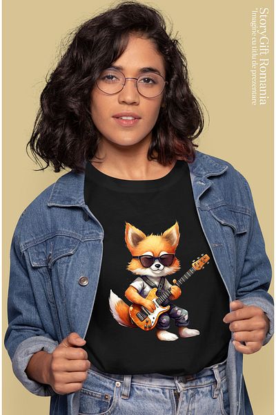 StoryGift Romania Tricou Femei cu un vulpoi care canta la chitara, ilustratie, instrument muzical, BLK_L