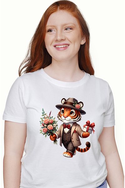 StoryGift Romania Women's T-shirt with a tiger holding a bouquet of flowers and a gift, gifts for WHT_L