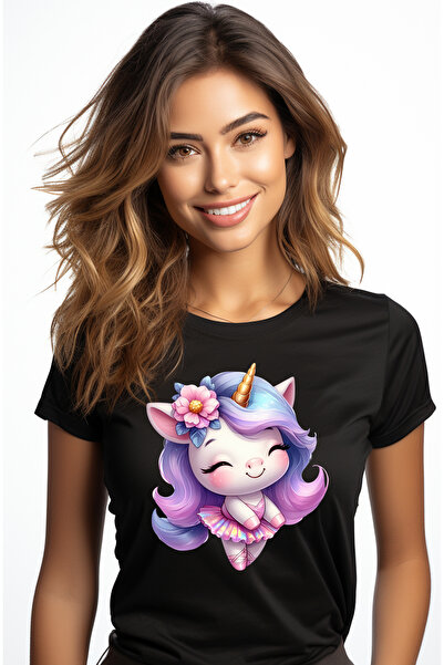 StoryGift Romania Tricou Femei cu un unicorn care danseaza balet, ilustratie, rochita, floare, imb BLK_L