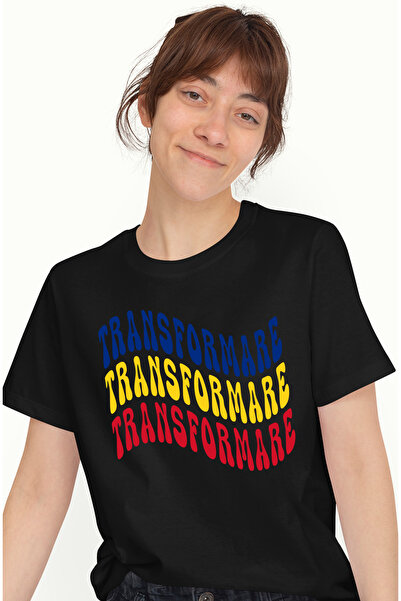 StoryGift Romania Tricou Femei Cuvantul Transformare, in Culorile Steagului Romaniei, Rosu, Galben BLK_L