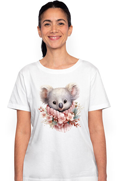 StoryGift Romania Tricou Femei cu un ursulet Koala, ilustratie, mirat, curios, floricele, natura, WHT_L
