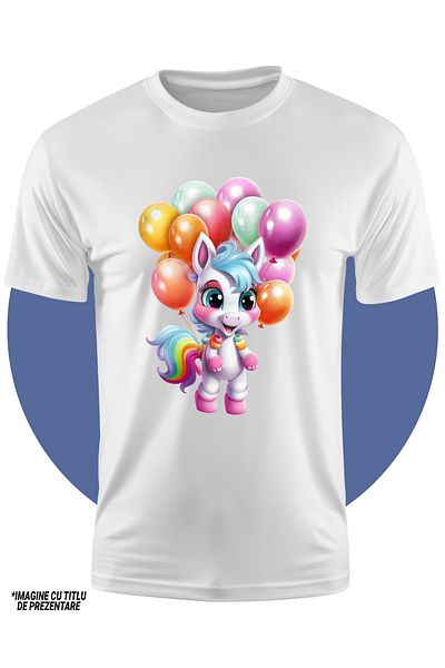StoryGift Romania Tricou Copii Cu Un Unicorn Bucuros, Ilustratie, Multe Baloane Colorate Legate De El, Isi I
