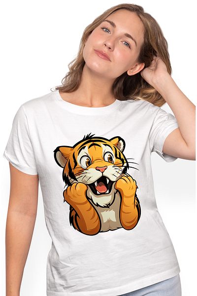 StoryGift Romania Women's T-shirt with a shocked tiger, illustration, surprised, amazed, wild animal, fe WHT_L