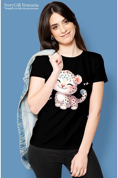 StoryGift Romania Tricou Femei cu o femela jaguar, ilustratie, inimioare, micuta, fericire, veseli BLK_L