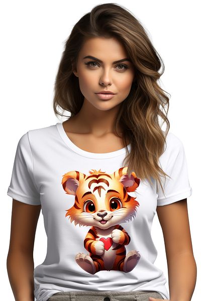 StoryGift Romania Women's T-shirt with a happy tiger cub, illustration, heart, appreciation, acknowledge WHT_L