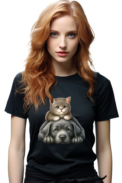 StoryGift Romania Tricou Femei cu o pisicuta si un catelus, ilustratie, jucau...