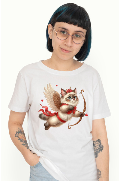 StoryGift Romania Tricou Femei cu o pisica Birmaneza Cupidon, ilustratie, trage cu arcul, indragos WHT_L