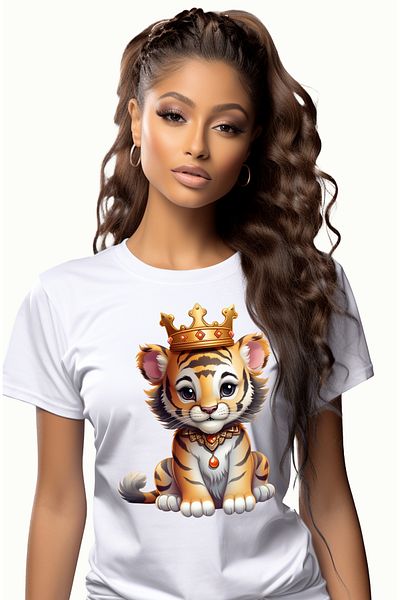 StoryGift Romania Women's T-shirt with a tiger cub wearing a royal crown, nobility, cheerful, a WHT_L