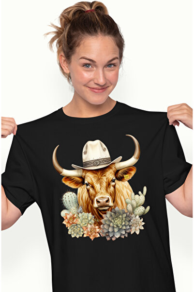 StoryGift Romania Tricou Femei cu un taur cu palarie de cowboy, ilustratie, V...