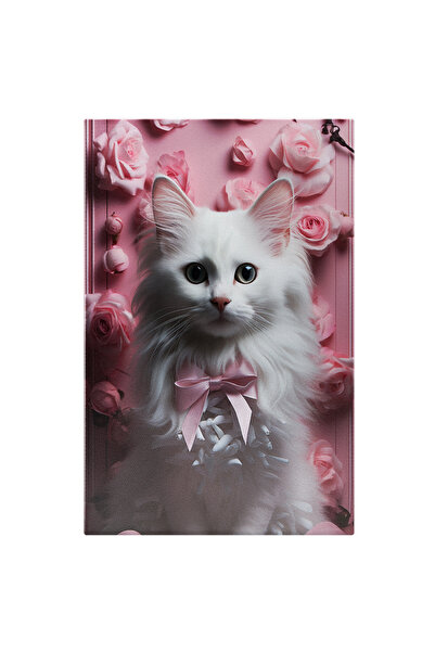 StoryGift Romania Tablou Canvas: Pisica Cu Blana Alba Si Cu Papion Roz Pe Fundalul De Trandafiri Roz-pentru Iubi