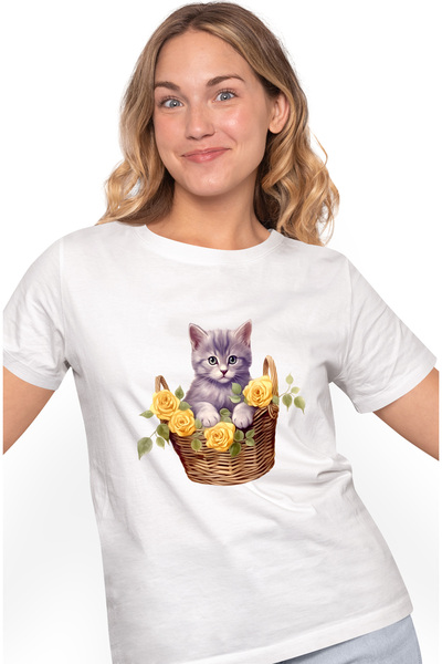 StoryGift Romania Tricou Femei cu o pisicuta surprinsa care sta intr-un cosul...