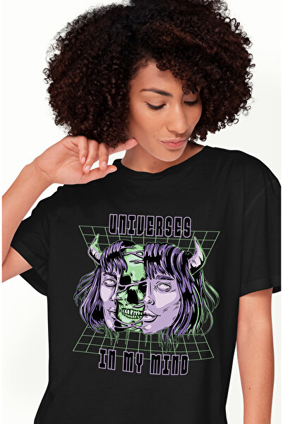 StoryGift Romania Tricou Femei Cu Schelete De Om Verde Portre Femeie Mov Cu Coarne, Mesaj In Engle BLK_L