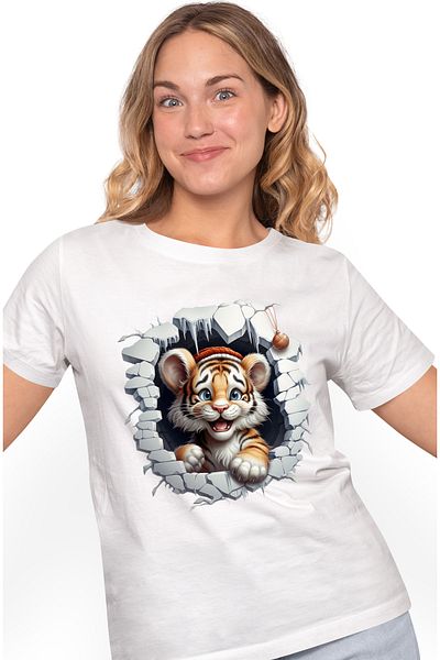 StoryGift Romania Women's T-shirt with a cheerful tiger cub sticking its head out of a collapsed wall WHT_L