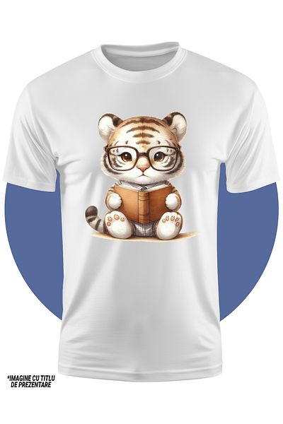 StoryGift Romania Children's T-shirt with a little tiger holding a book, illustration, glasses, reading, steps