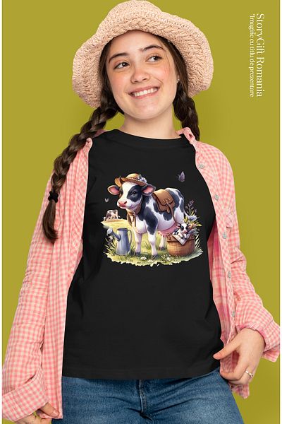 StoryGift Romania Tricou Femei cu vacute pe camp, la pascut, palarie, cos, plante, flori, verdeata BLK_L