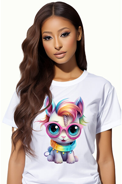 StoryGift Romania Tricou Femei cu un unicorn, ilustratie, ochelari, zambeste,...