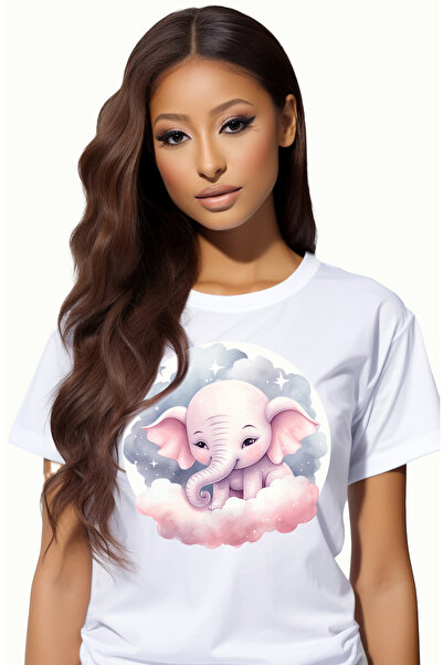 StoryGift Romania Tricou Femei cu un elefant somnoros, norisori, luna plina, ora de culcare, dormi WHT_M