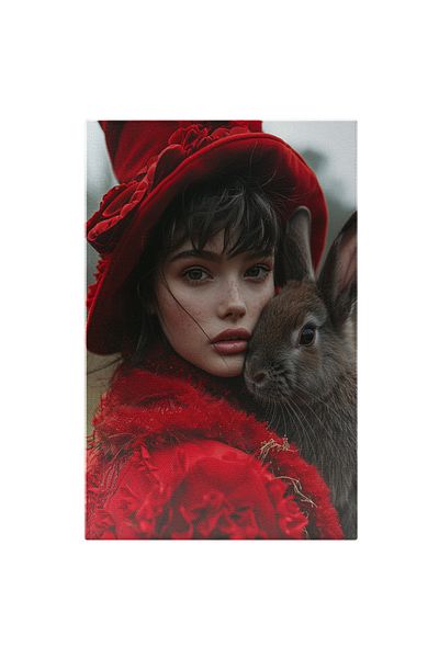StoryGift Romania Tablou Canvas Fata În Roșu Cu Pălărie Pufoasă Îmbrățișează Iepurele Speriat Protectoarea Animal