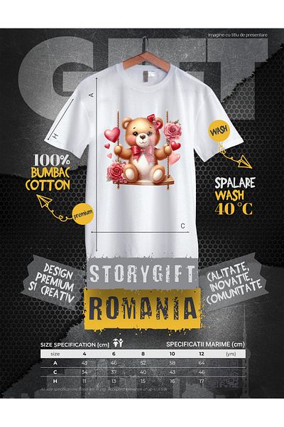 StoryGift Romania Tricou Copii Cu Un Ursulet Care Se Da In Leagan, Ilustratie, Trandafiri, Inimioare, Iubire