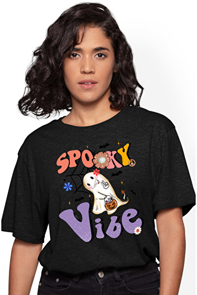 StoryGift Romania Tricou Femei cu mesajul "Spooky vibe", ilustratie, Halloween, sarbatoare, octomb BLK_L