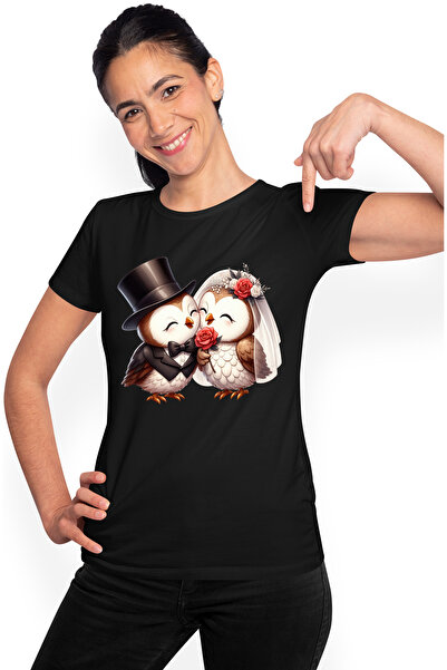 StoryGift Romania Tricou Femei cu 2 bufnite la nunta, ilustratie, casatorie, mireasa, ginere, mome BLK_M