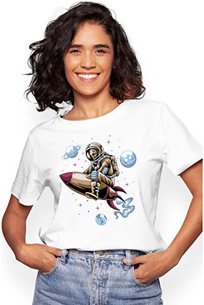 StoryGift Romania Tricou Femei Cu Astronaut, Racheta, Schelet, Planete, Stele, Sci Fi, Multicolor WHT_L