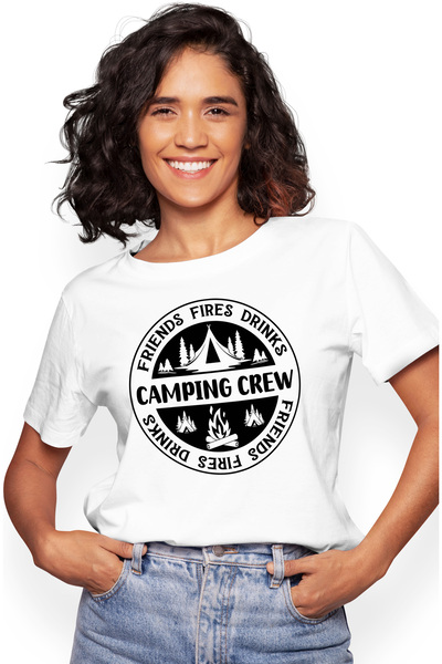 StoryGift Romania Tricou Femei cu textul "Echipa pentru camping, prieteni, focuri, bauturi" cu im WHT_L