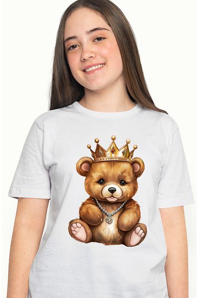 StoryGift Romania Tricou Femei cu un ursulet cu o coroana regala, ilustratie, lantisor din pietre WHT_L