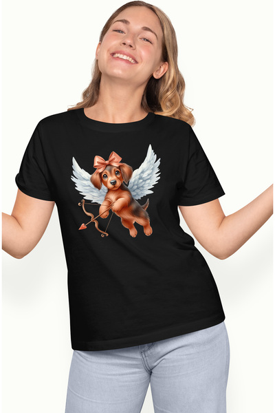 StoryGift Romania Tricou Femei cu un catelus cu funda, ilustratie, Cupidon, trage cu arcul, aripi, BLK_L