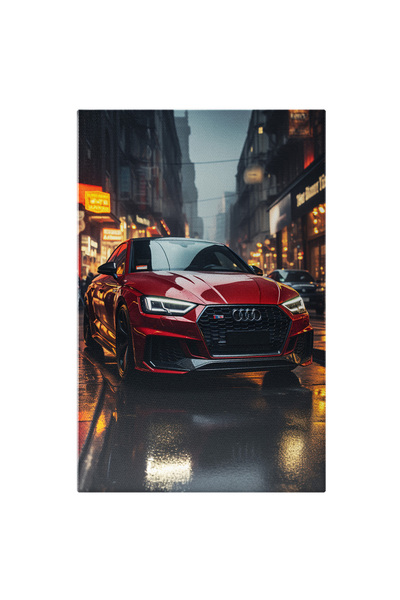 StoryGift Romania Tablou Canvas: Masina Rosie Audi - Oras Aglomerat Ploaie Iese In Evidenta Pictura Digitala