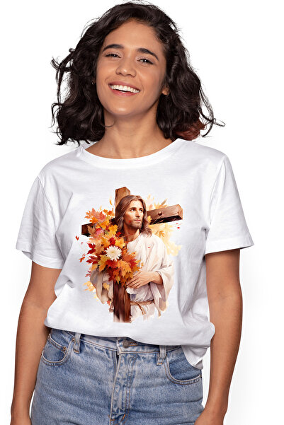 StoryGift Romania Tricou Femei cu Domnul Iisus Hristos tinandu-si crucea, rel...