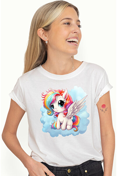 StoryGift Romania Tricou Femei cu un unicorn cu aripi, ilustratie, norisor, alb, creatura mitica, WHT_L