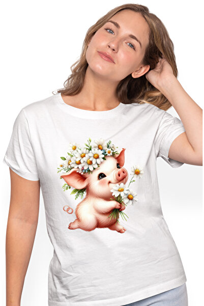 StoryGift Romania Tricou Femei cu un purcelus care tine cateva floricele albe...