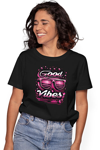 StoryGift Romania Tricou Femei cu mesajul "Good vibes", ilustratie, stil retro, vechi, ochelari de BLK_L